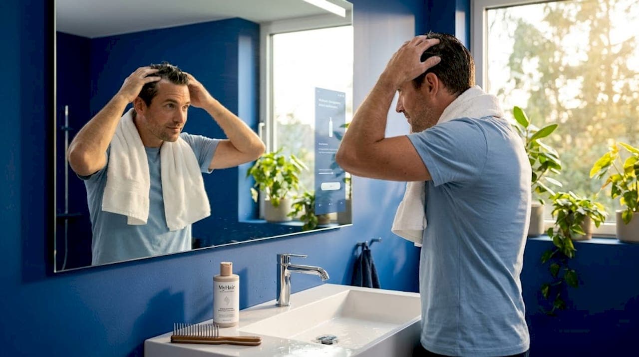 Ein Mann wäscht sich im Bad die Haare mit Shampoo.