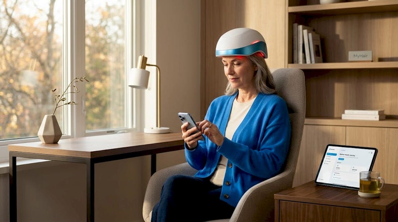Woman using AI laser hair therapy device
