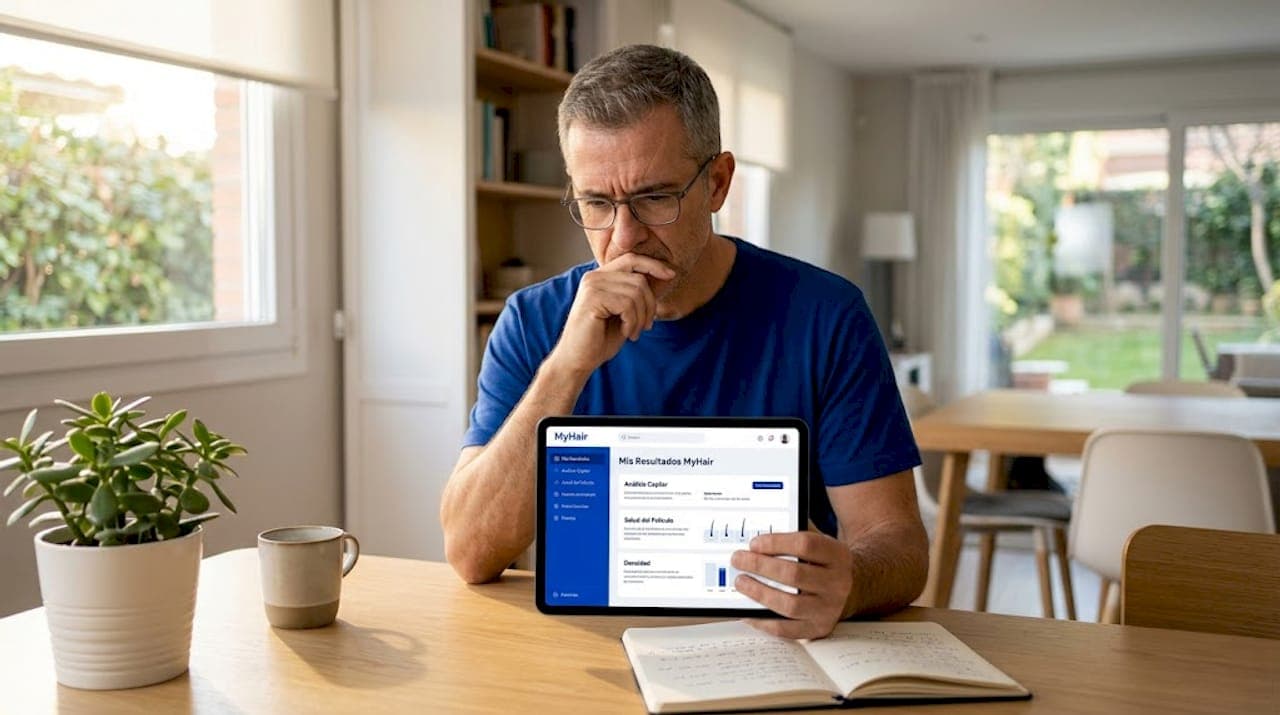 Hombre revisando los resultados de su análisis capilar en una tablet