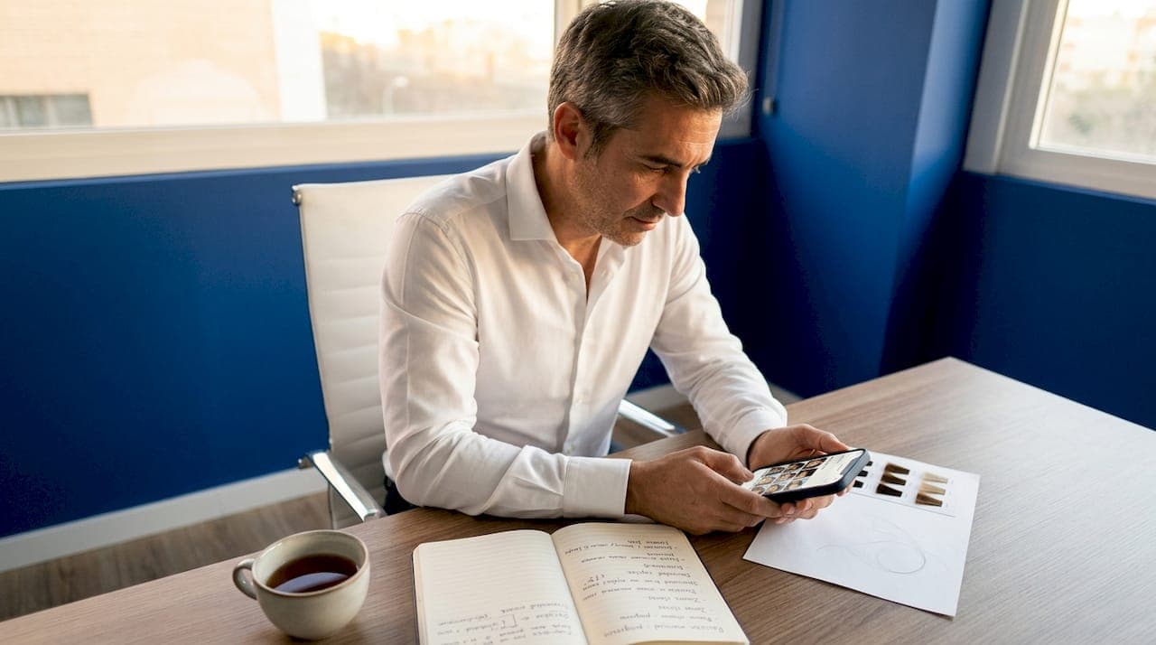 Hombre observando las fotos de los resultados de su tratamiento capilar