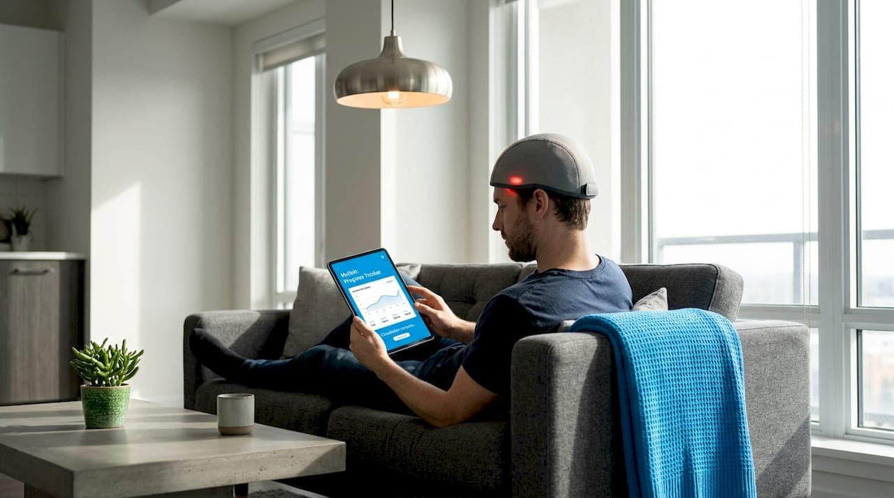 Man using laser therapy cap at home