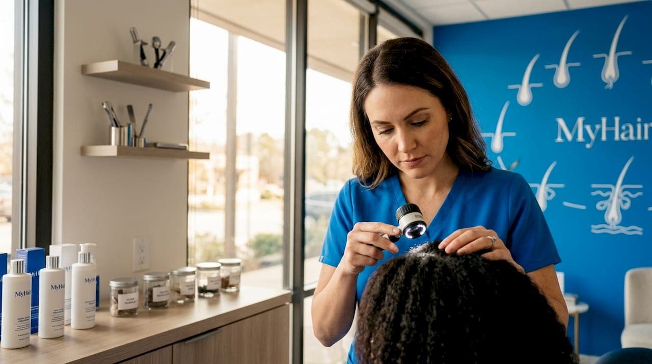 Trichologist examining hair follicles closely