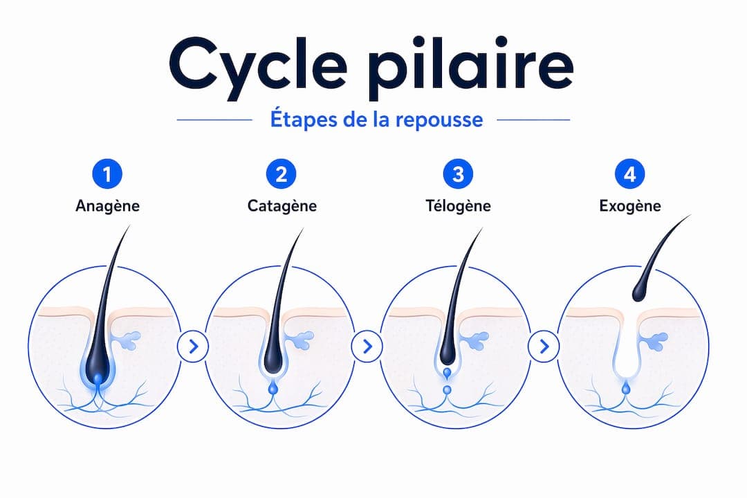 Schéma des différentes phases du cycle de vie du cheveu