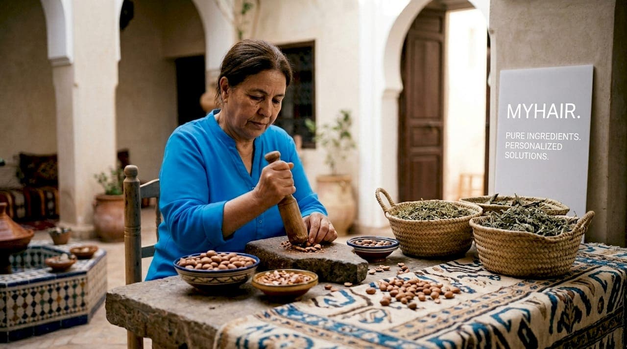 Moroccan woman extracting argan oil by hand