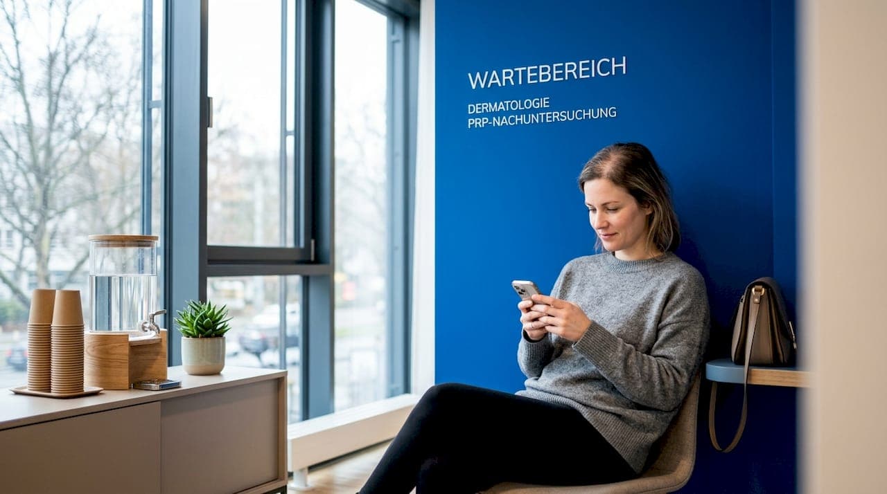 Der Patient entspannt sich im Wartebereich der Praxis, bevor die PRP-Behandlung beginnt.