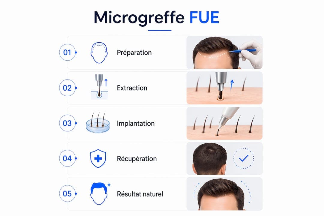 Schéma des différentes étapes d’une microgreffe capillaire FUE
