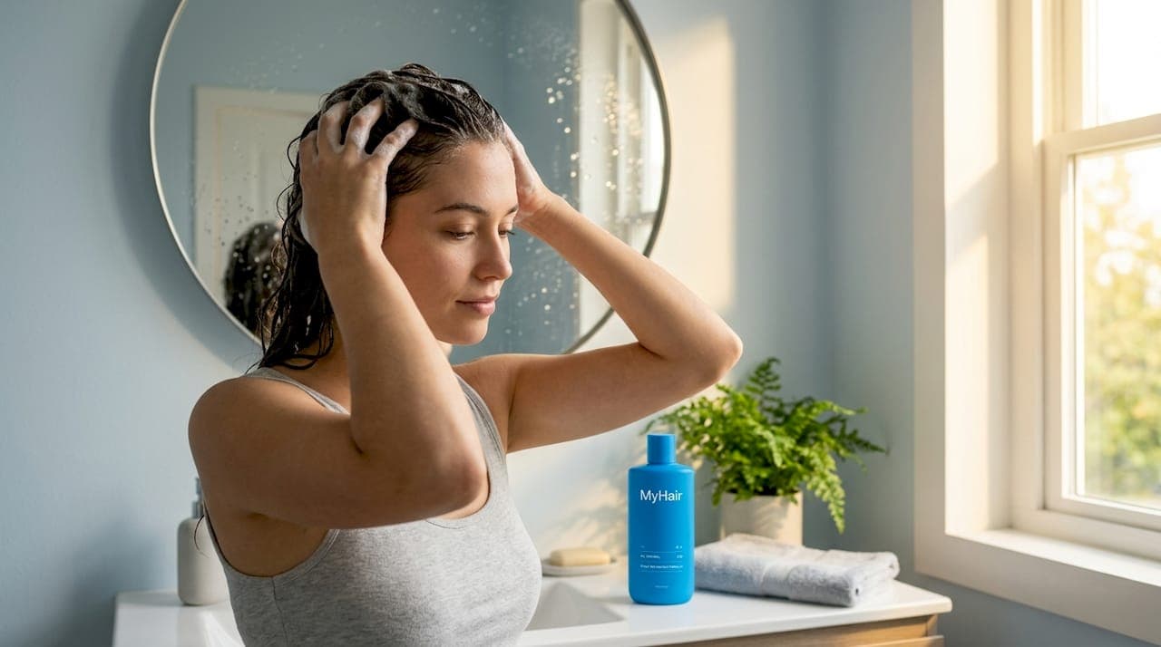 Woman shampooing oily hair in bathroom