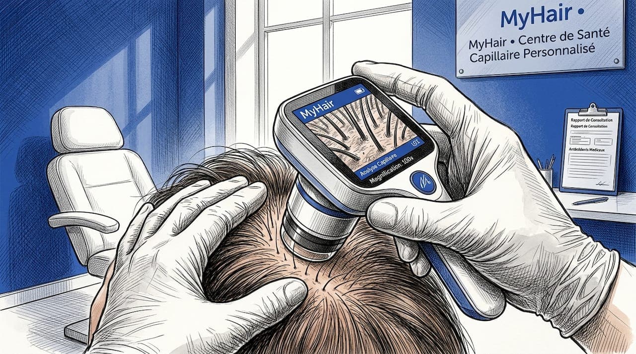 Examen du cuir chevelu au microscope : vue rapprochée en trichoscopie