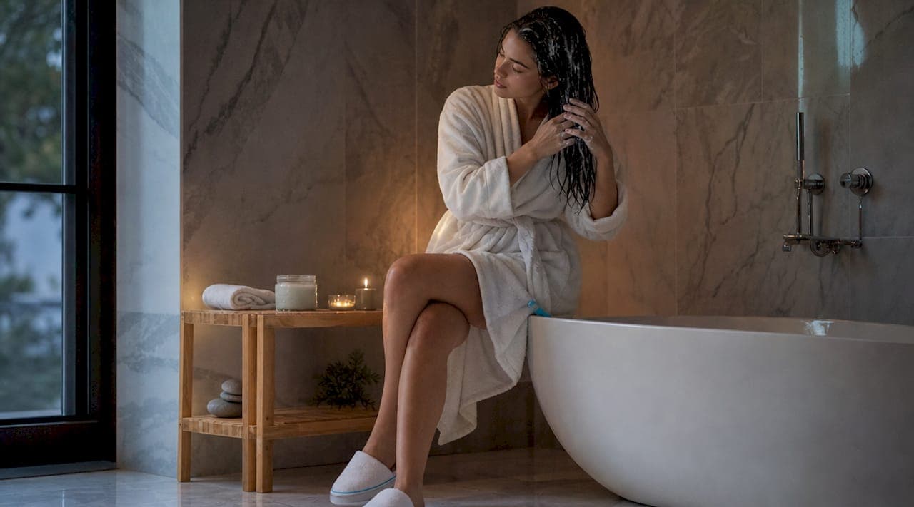 Woman applying deep conditioner in bathroom