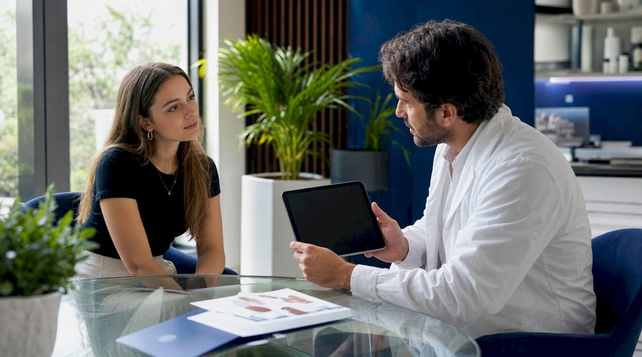 Profesional en salud capilar asesorando a una mujer sobre el diagnóstico de su cabello