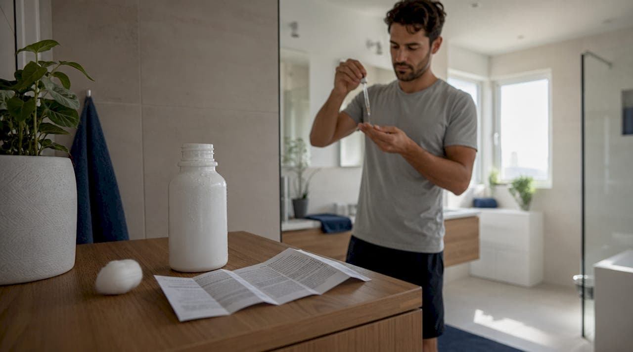 Detailaufnahme: Eine Hand trägt gerade Minoxidil aus der Flasche auf.