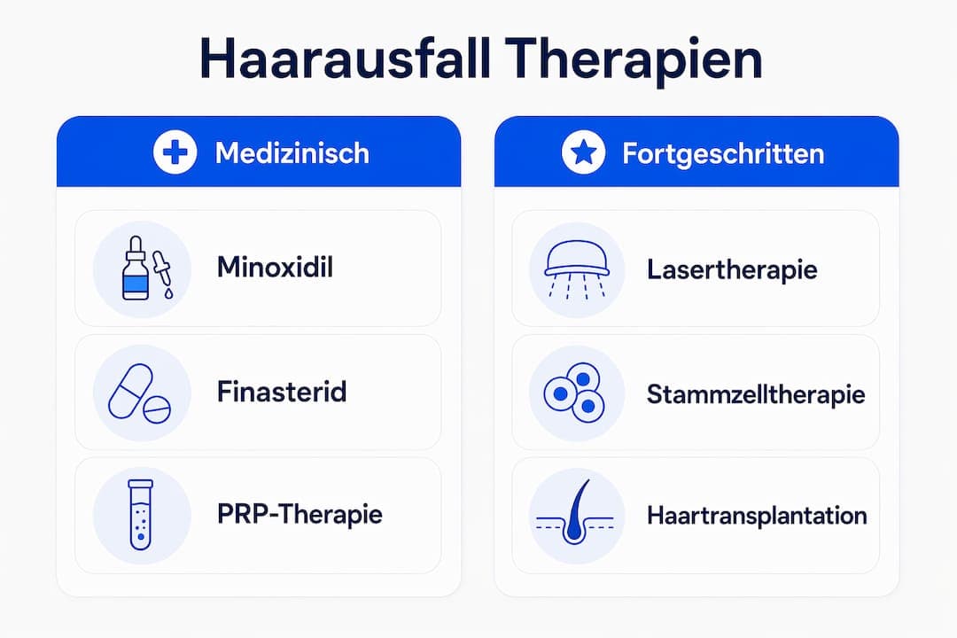 Übersichtsgrafik stellt bewährte und moderne Methoden zur Behandlung von Haarausfall vor