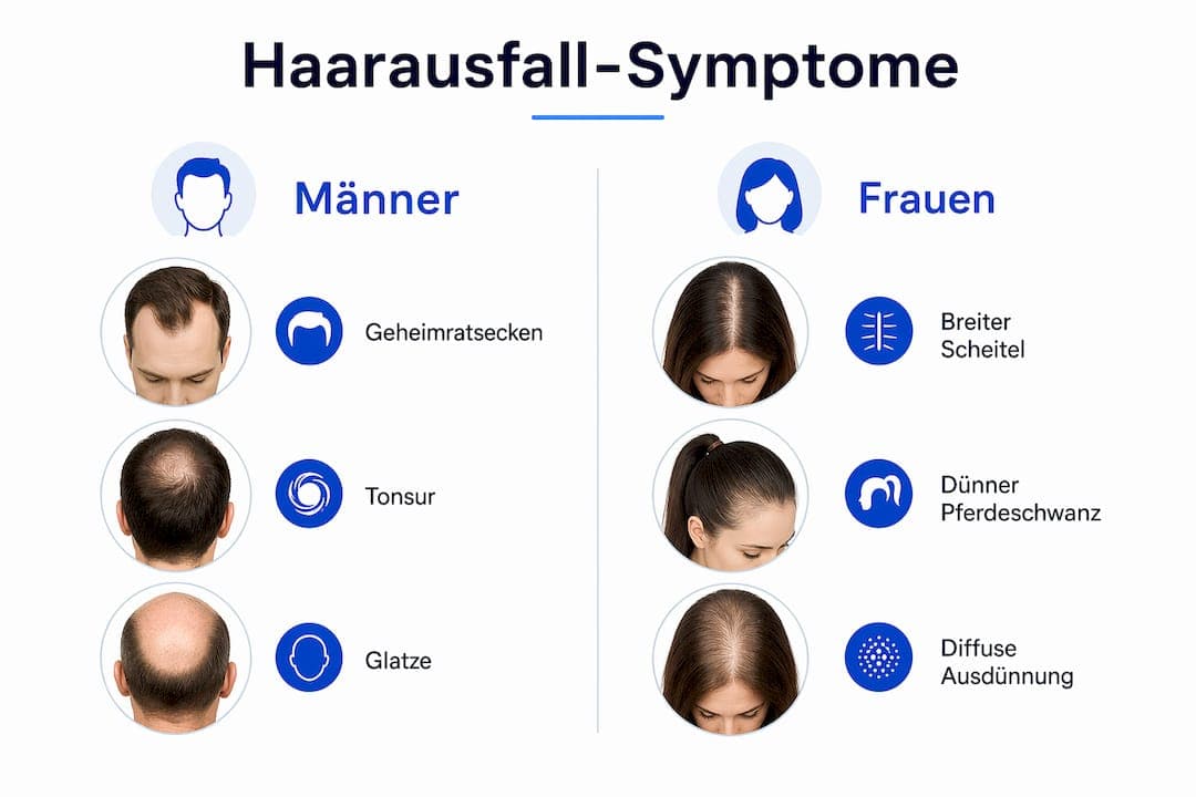 Eine anschauliche Infografik verdeutlicht die Unterschiede beim Haarausfall zwischen Männern und Frauen.