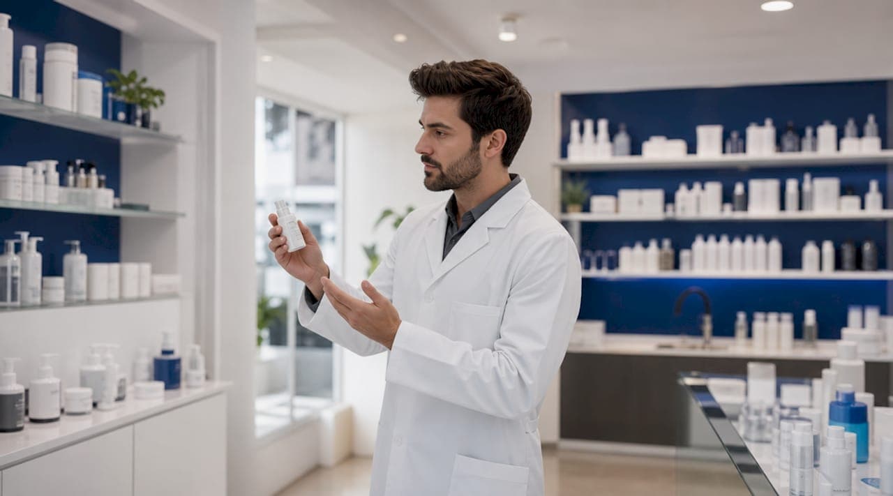 Ein Apotheker präsentiert eine Flasche mit einer Haarpflege-Lösung.