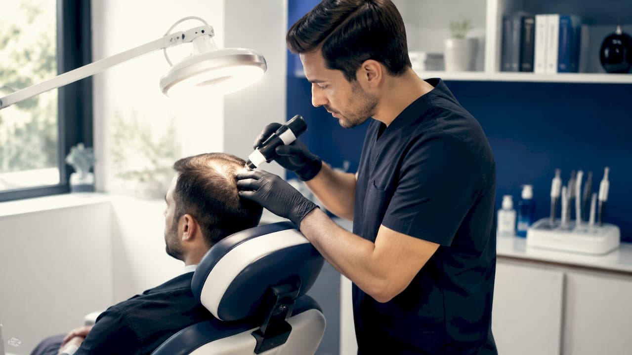 Detalle de unas manos revisando el cuero cabelludo con un dermatoscopio