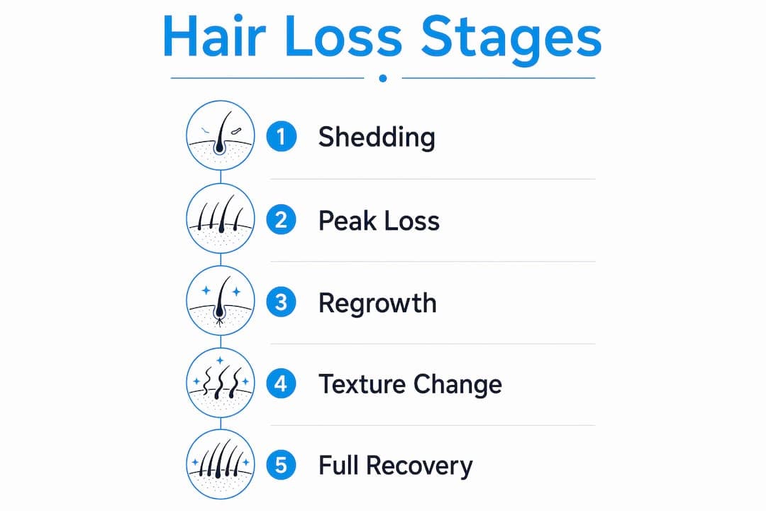Infographic illustrating stages of postpartum hair loss and regrowth