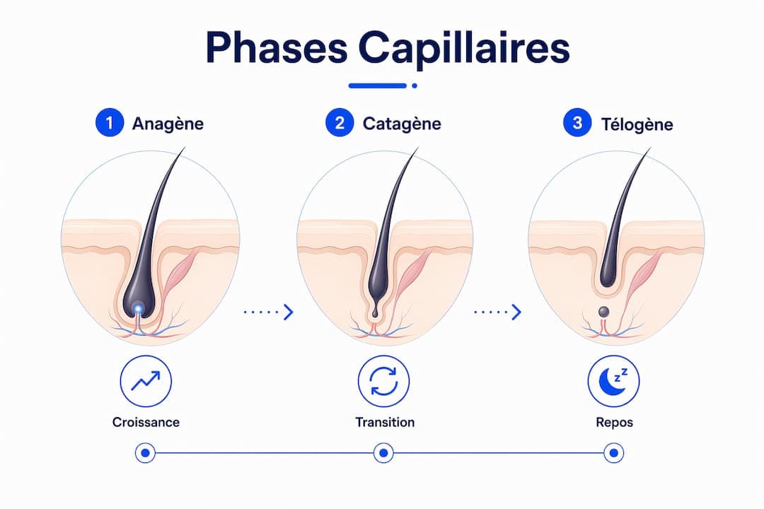 Schéma illustrant les différentes étapes du cycle de vie du cheveu