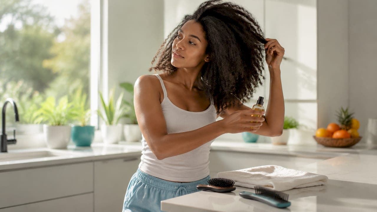 Woman applying argan oil in bathroom