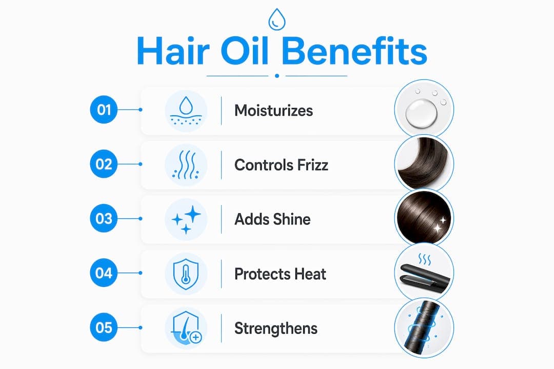 Infographic showing key benefits and uses of lightweight hair oil