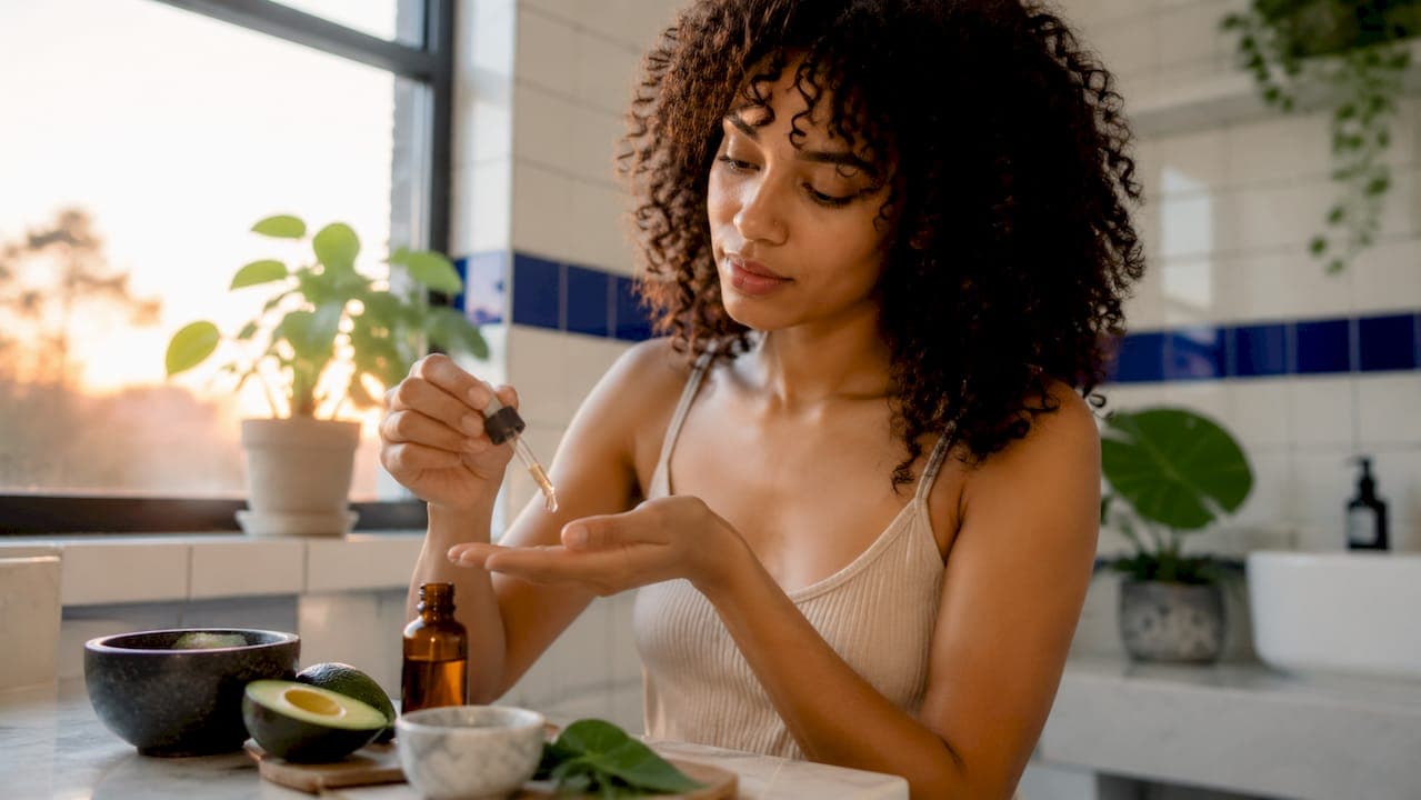 Manos sosteniendo un sérum capilar elaborado con ingredientes naturales