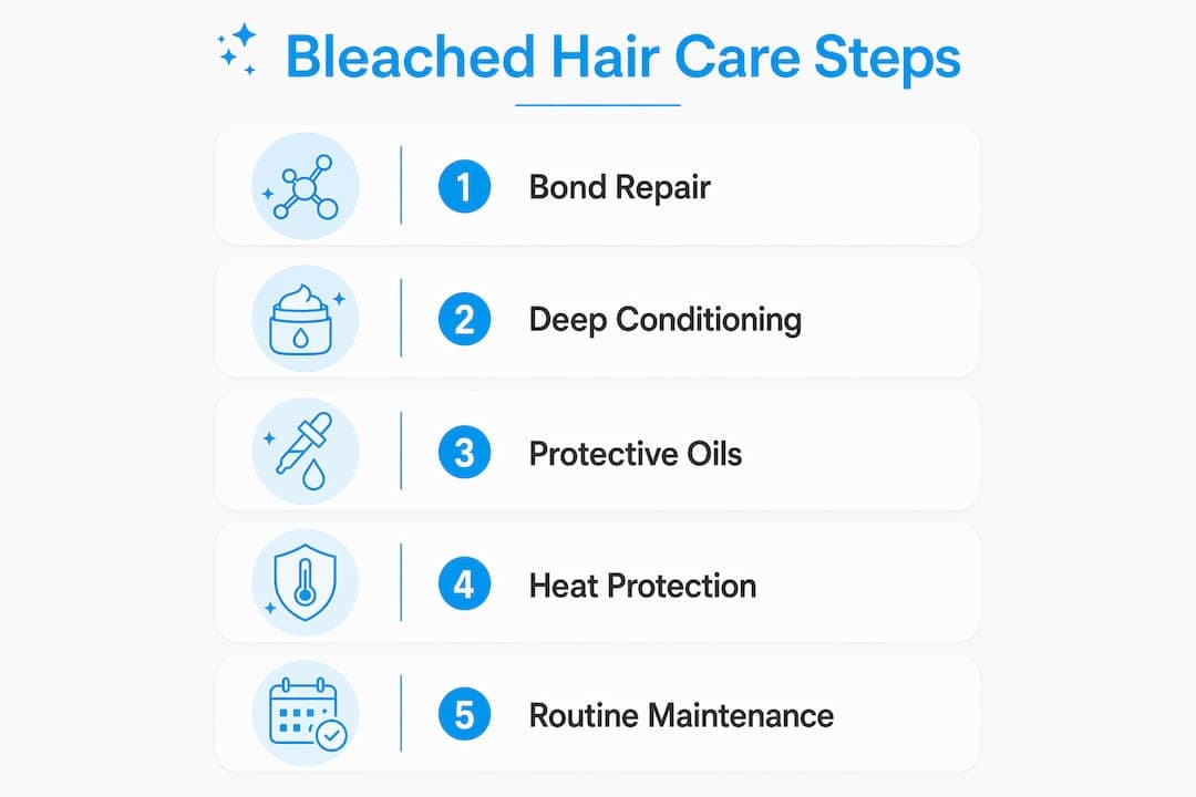 Infographic outlining steps of bleached hair treatment routine