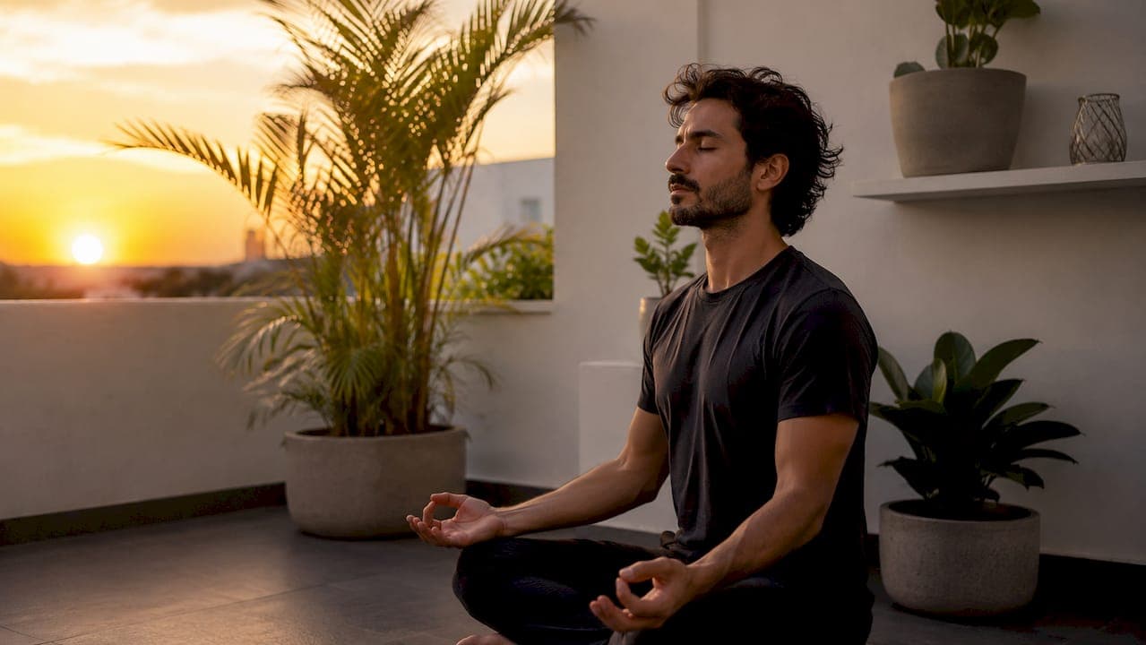 Un hombre practica meditación en un ambiente sereno de un estudio de yoga.