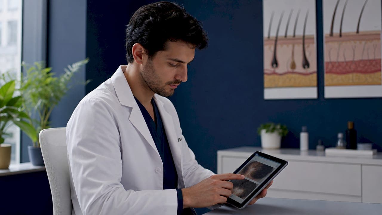 Dermatólogo analizando imágenes del cuero cabelludo en una tablet