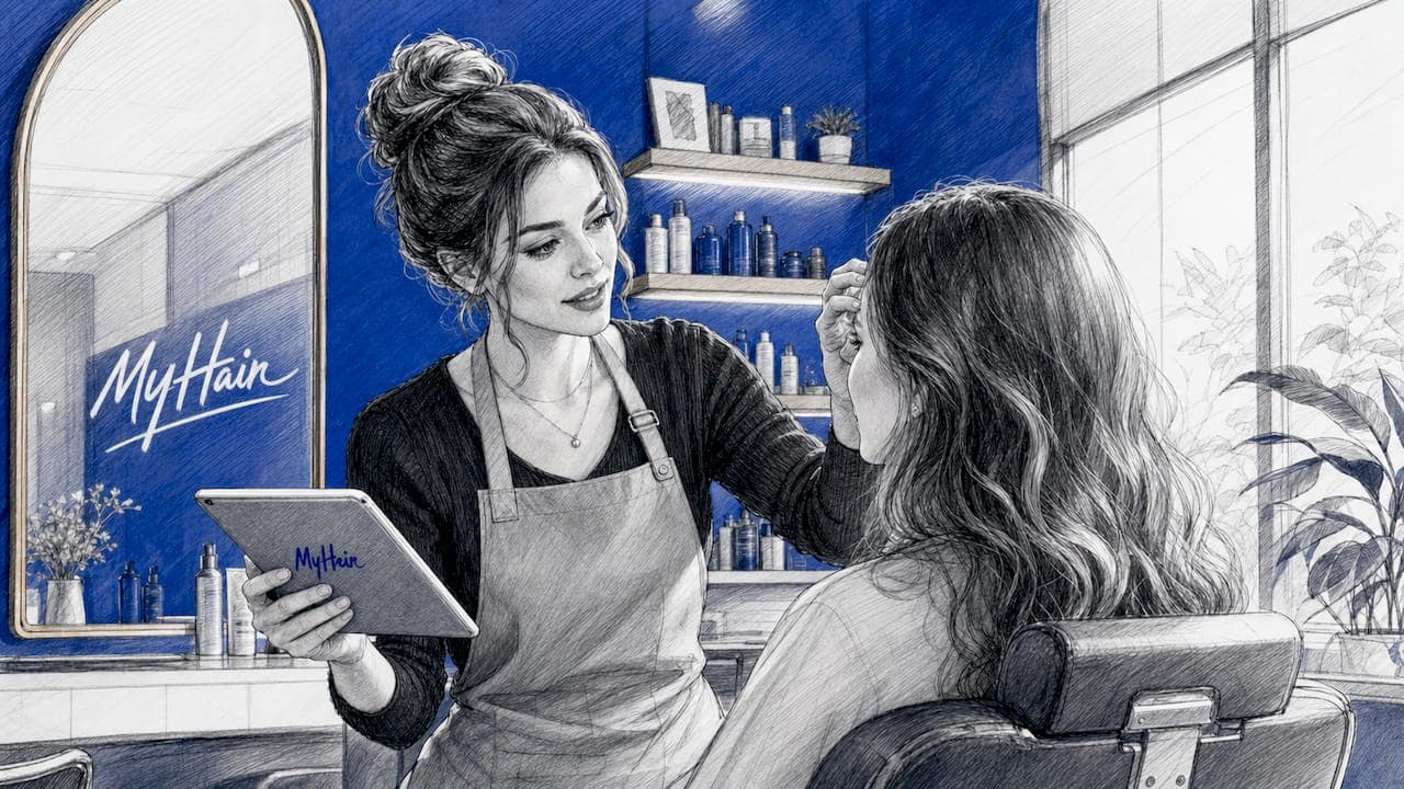 Une coiffeuse en pleine consultation capillaire avec sa cliente au salon, examinant attentivement la nature de ses cheveux avant de commencer la prestation.