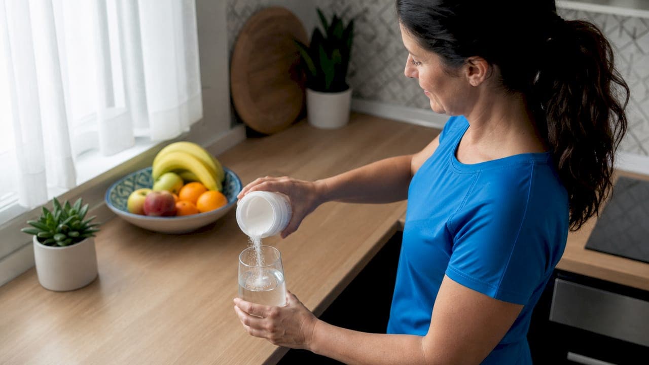 Woman preparing MSM supplement dose in kitchen