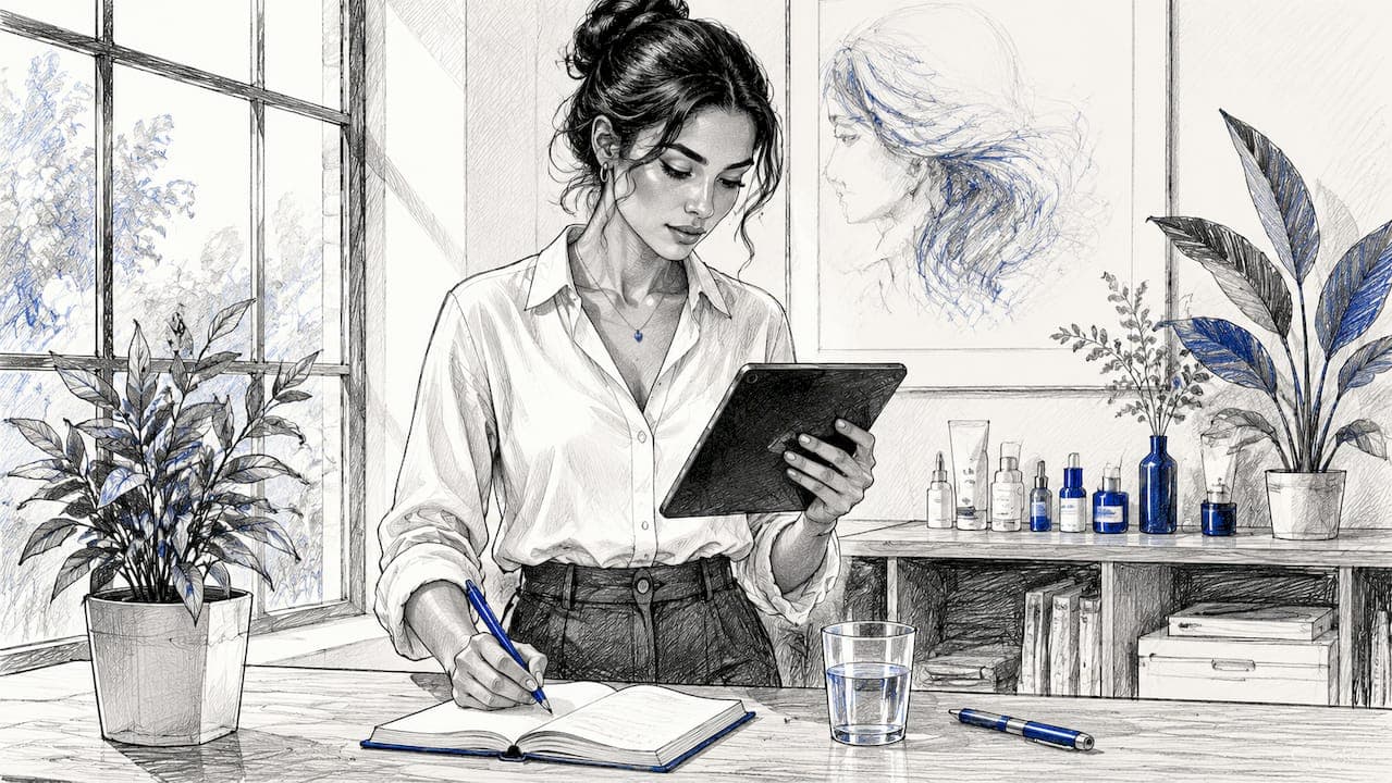 Un consultant analyse des données beauté sur une tablette, guidant ses clients grâce à la technologie.