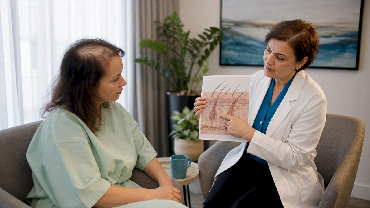 Female patient consulting dermatologist about autoimmune hair loss