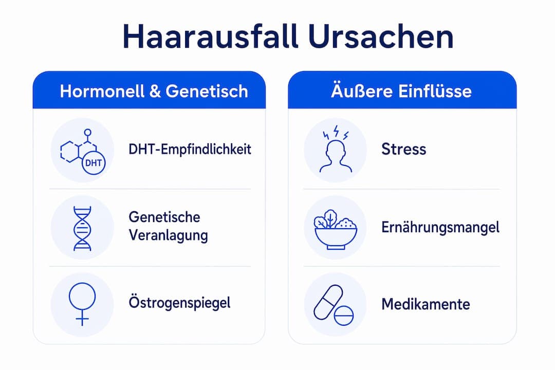 In einer anschaulichen Infografik werden die wichtigsten hormonellen und äußeren Faktoren aufgezeigt, die zu Haarausfall führen können.