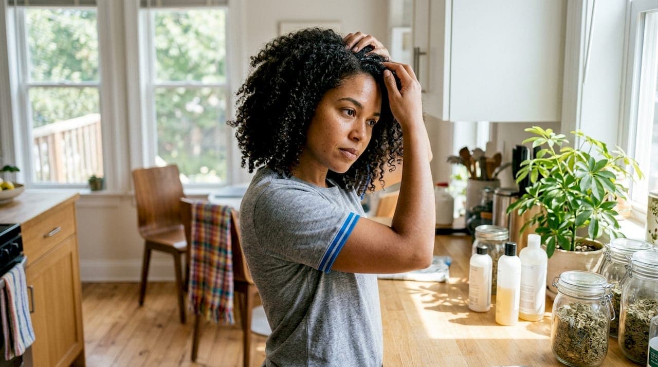 Woman moisturizes natural curly hair in bathroom