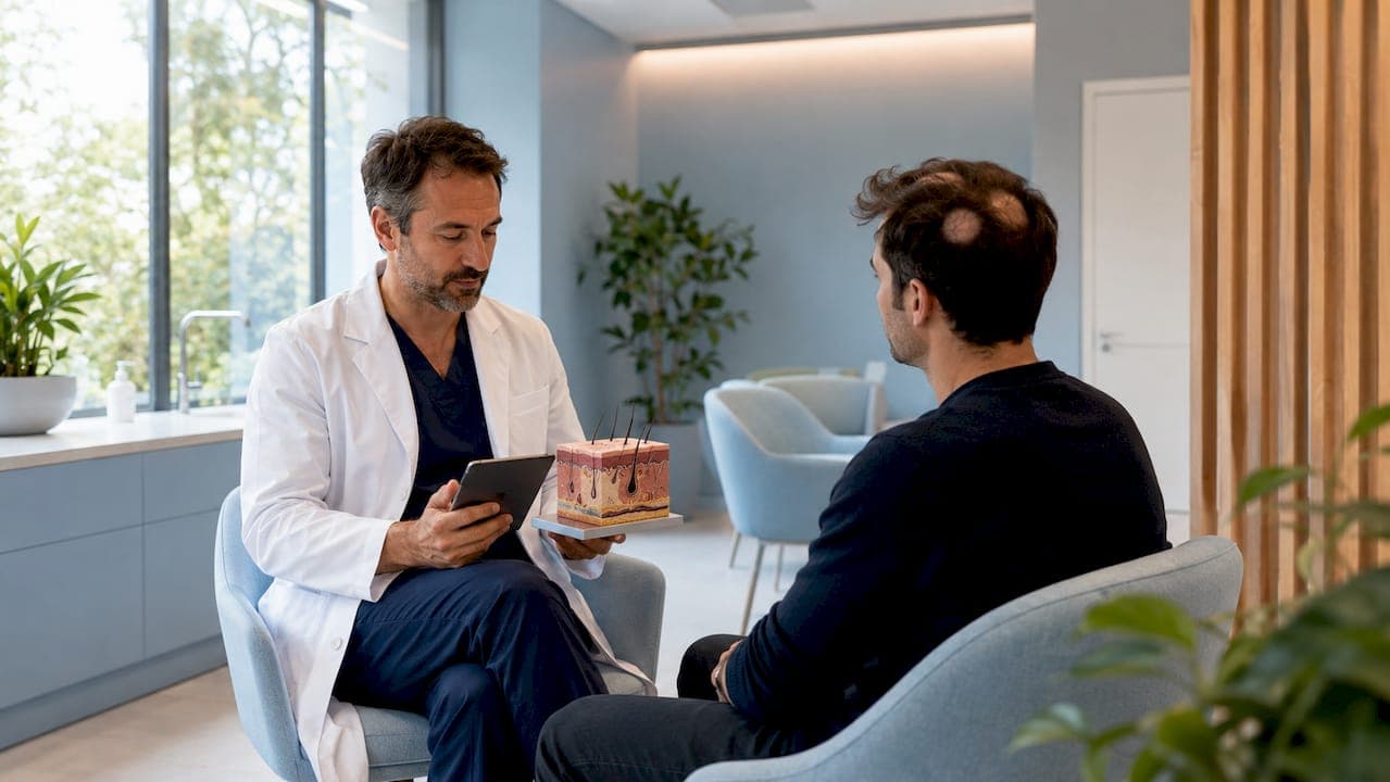 Ein Hautarzt führt eine Untersuchung bei einem Patienten mit kreisrundem Haarausfall durch.