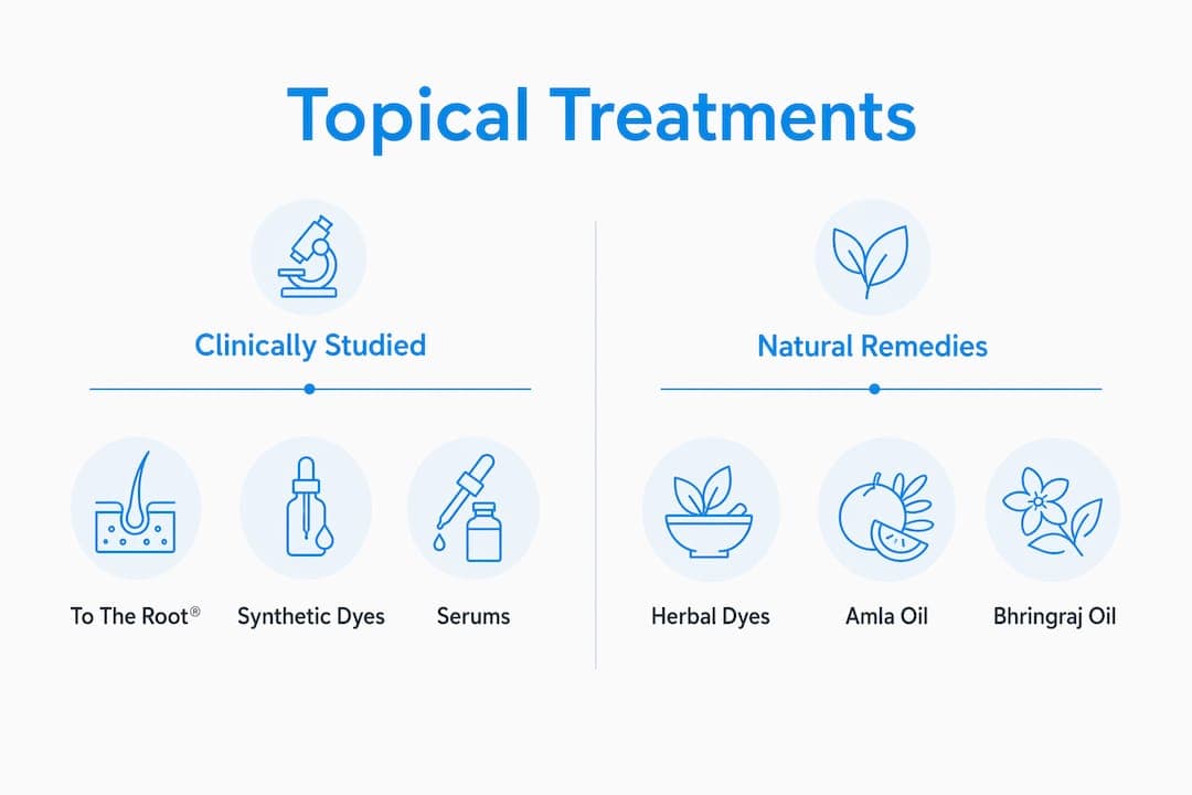 Infographic comparing topical treatments and natural remedies for white hair