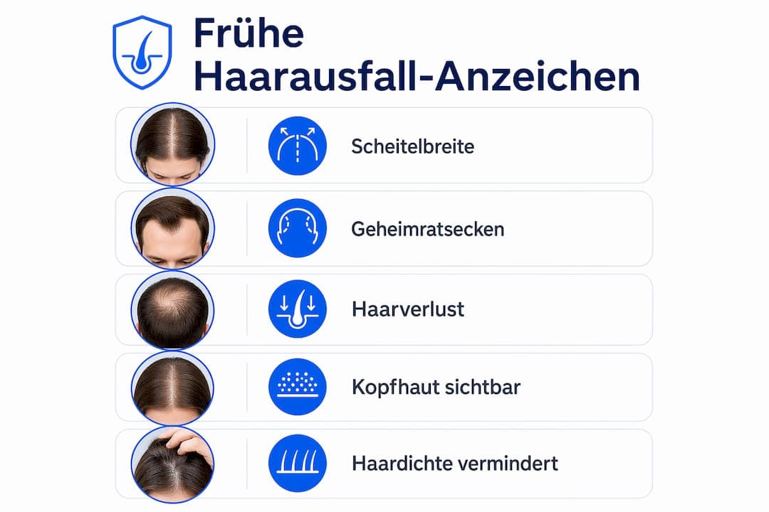 Die Infografik veranschaulicht Schritt für Schritt, woran man erste Anzeichen von Haarausfall erkennen kann.