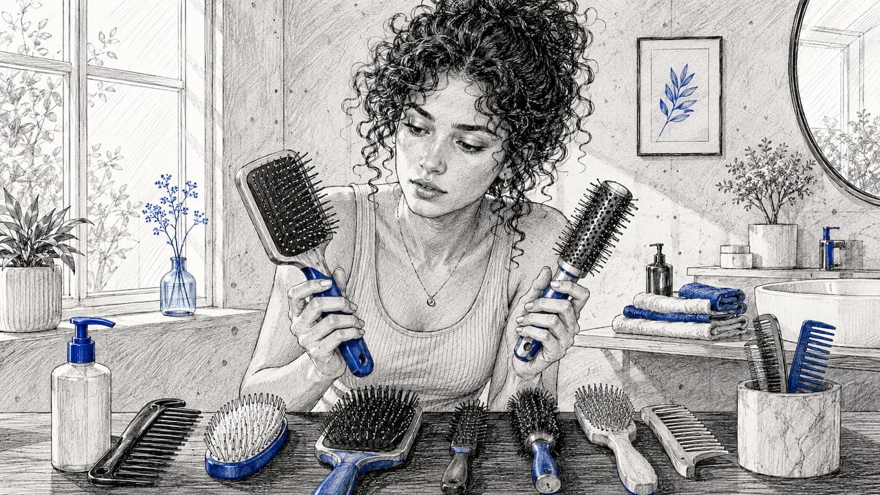 Une femme hésite devant sa collection de brosses à cheveux dans la salle de bain, cherchant celle qui conviendra le mieux à sa coiffure du jour.