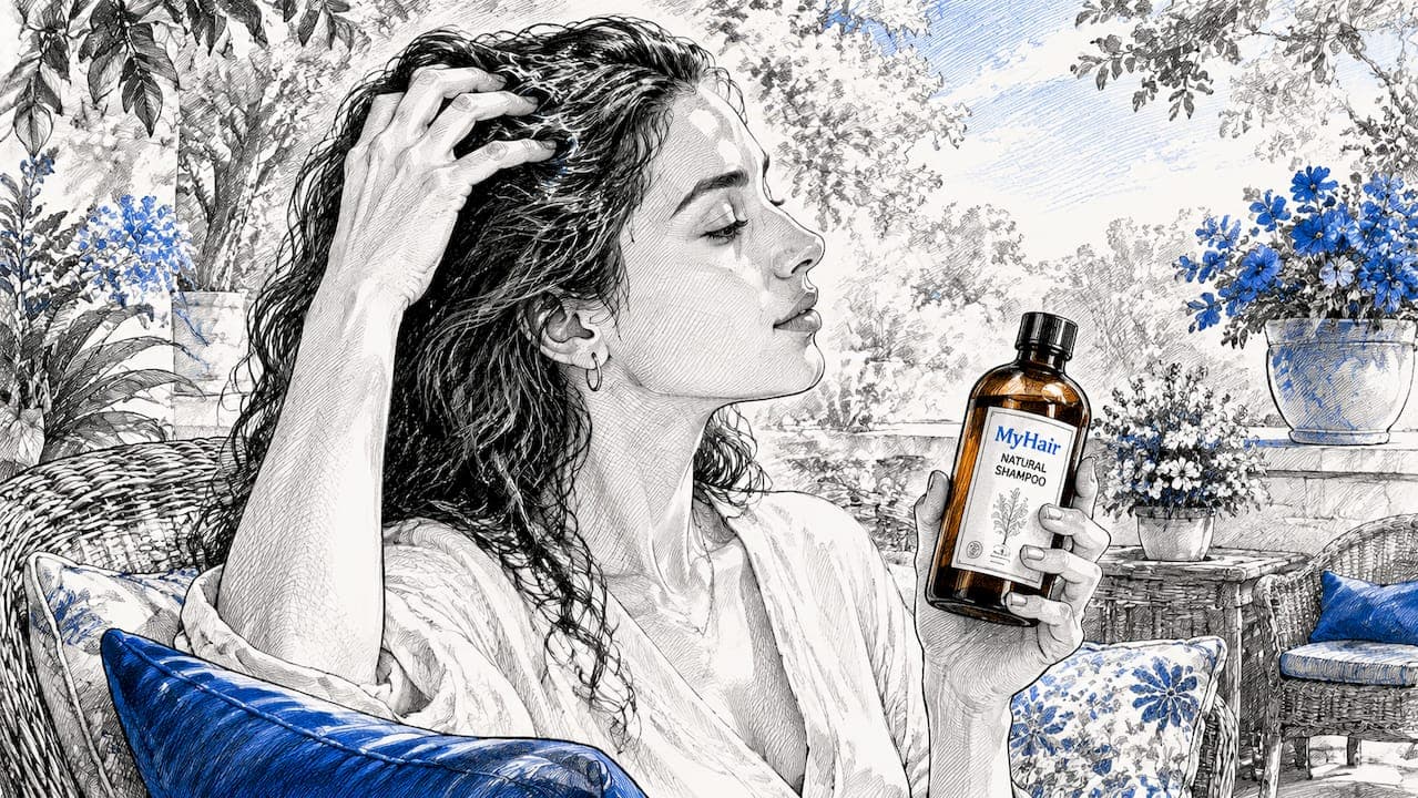 Une femme se masse délicatement le cuir chevelu en appliquant un shampooing naturel.