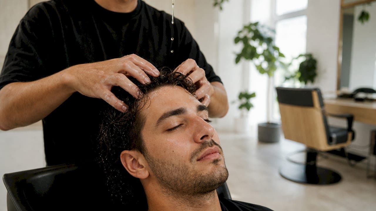 Ein junger Mann genießt eine entspannende Kopfmassage.