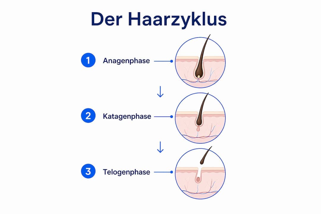 In dieser Infografik werden die drei wichtigsten Phasen des Haarwachstums anschaulich dargestellt.