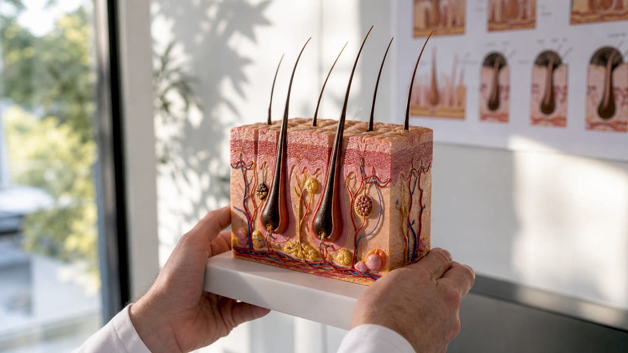 Ein Arzt hält in der Klinik ein Modell eines Haarfollikels in den Händen.