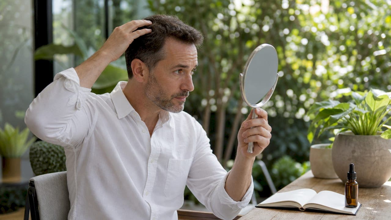 Un hombre observa preocupado cómo su cabello se está debilitando mientras se mira en un espejo de mano.