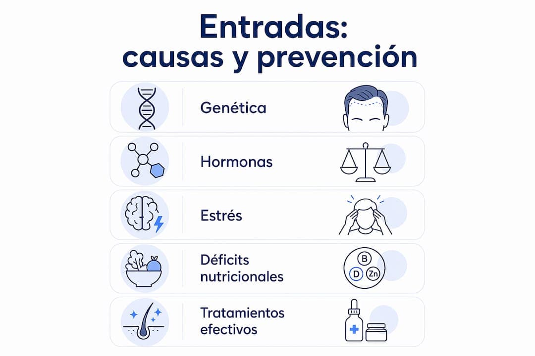 Infografía sobre las causas y cómo prevenir la aparición de entradas en el cabello