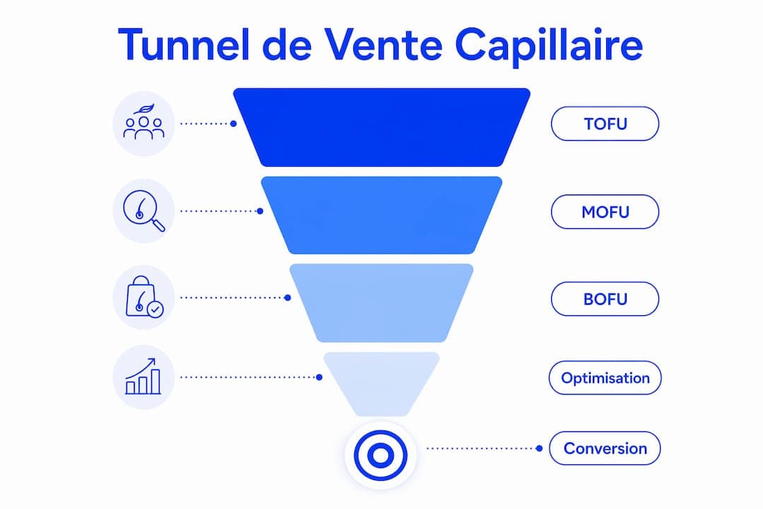 Visuel illustrant les différentes étapes du parcours client dans le secteur capillaire
