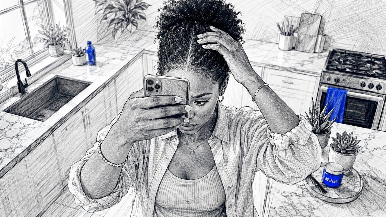 Une jeune femme examine la santé de ses cheveux grâce à une application sur son smartphone.