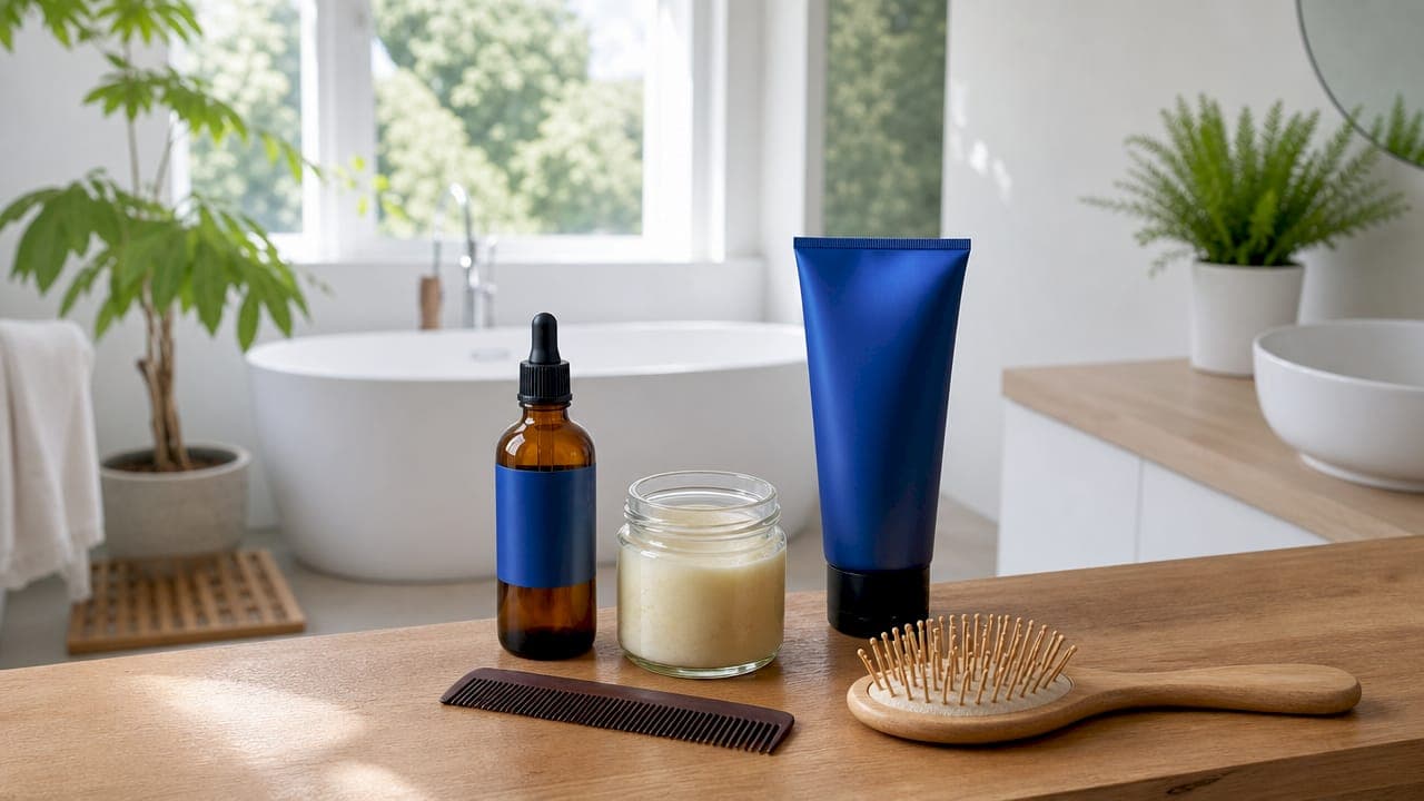 Auf dem Badregal stehen verschiedene Naturkosmetik-Produkte für die Haarpflege.