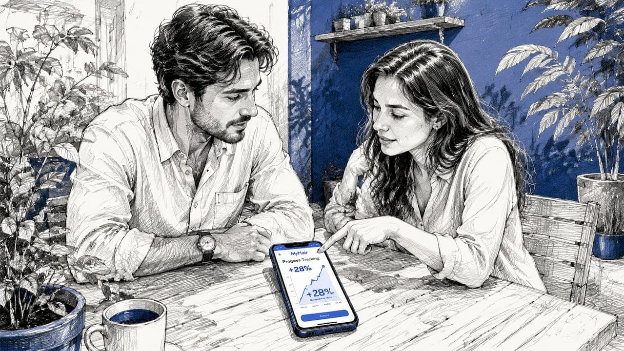 Des mains tiennent un smartphone ainsi qu’un dessin représentant le cuir chevelu.
