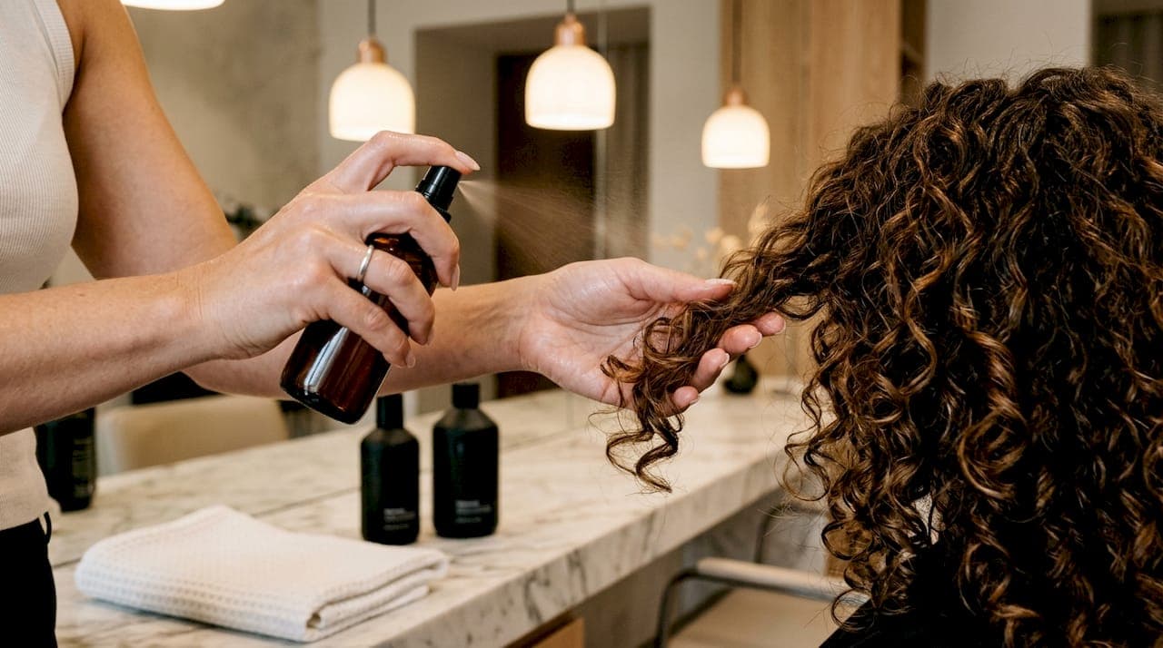 Aplicación de protector térmico en el cabello con las manos