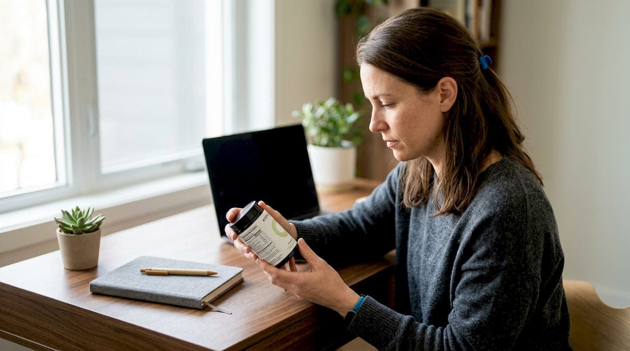 Woman reading Nutrafol supplement label at kitchen table