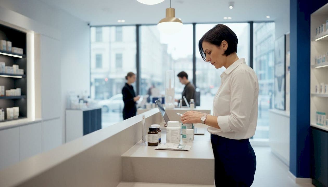 Ein Apotheker sortiert verschiedene Mittel gegen Haarausfall im Verkaufsregal.